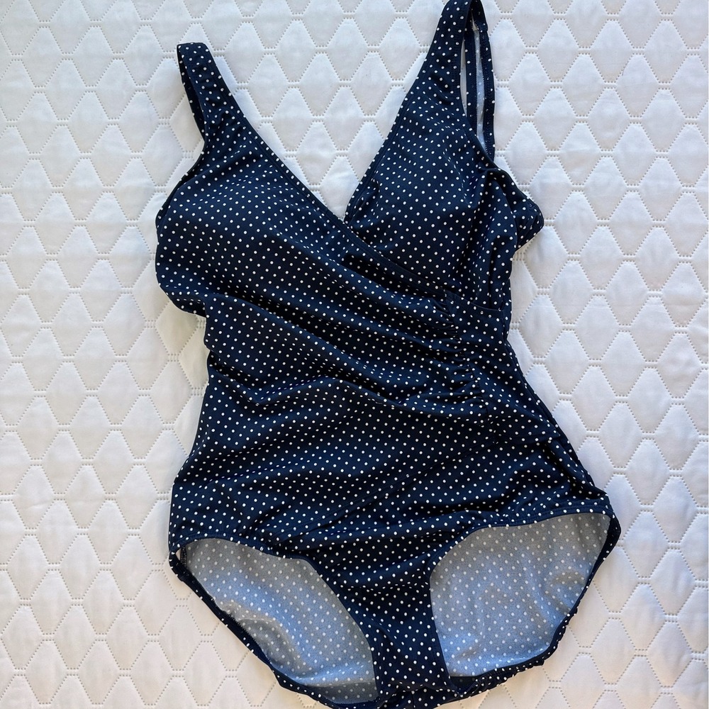 Jantzen Classics Polka Dot One Piece Swimsuit Womens Size 10 Navy Blue Good